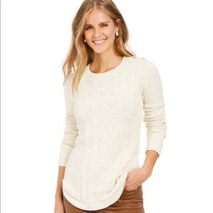 Metallic crew neck cable knit sweater